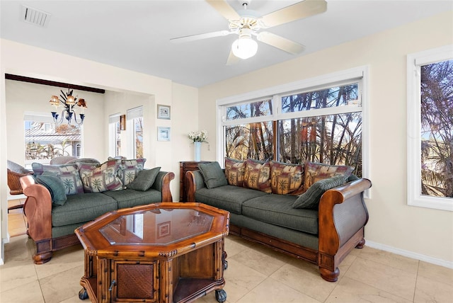 living room with ceiling fan