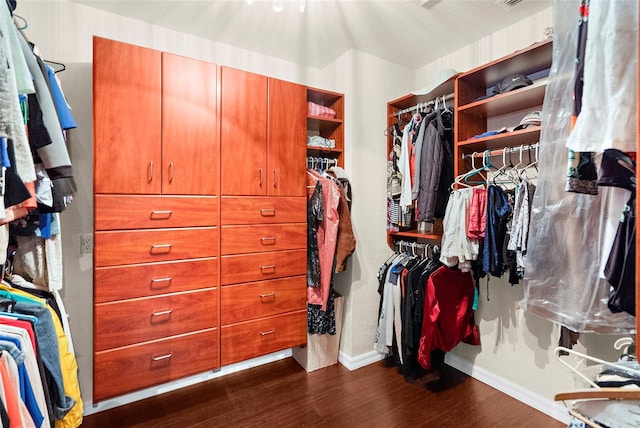walk in closet featuring dark wood-style flooring