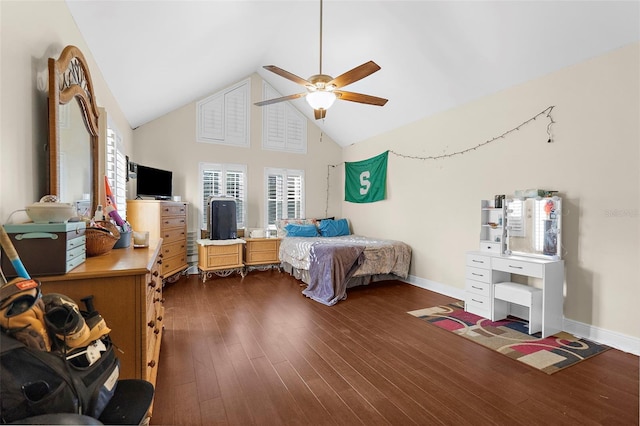 bedroom featuring baseboards, a ceiling fan, high vaulted ceiling, and dark wood-style flooring