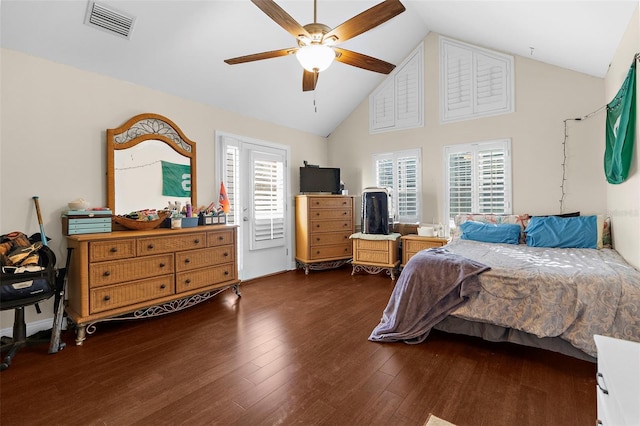 bedroom featuring multiple windows, visible vents, high vaulted ceiling, and access to outside