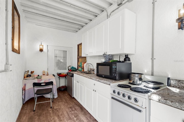 kitchen featuring black microwave, dishwasher, white electric range, white cabinetry, and dark wood-style floors