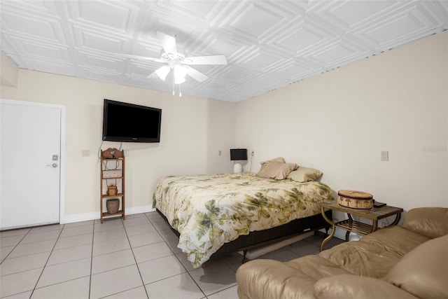 bedroom featuring ceiling fan and light tile patterned flooring