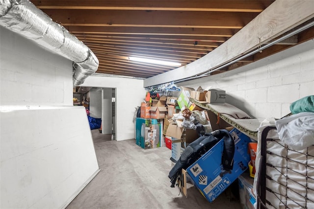 unfinished basement featuring concrete block wall