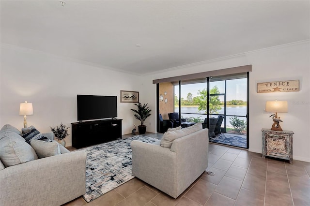 tiled living room with crown molding