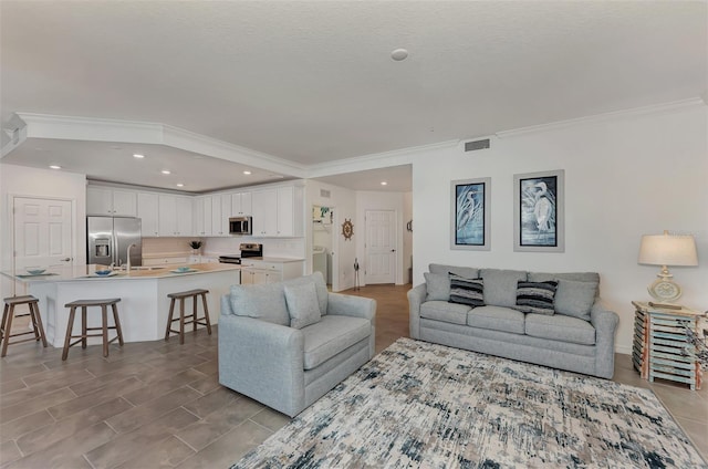 living room with sink and crown molding