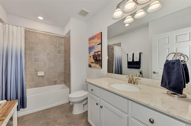 full bathroom with vanity, shower / tub combo, toilet, and tile patterned flooring