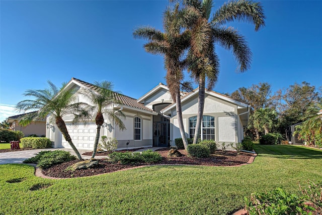 view of front facade with a front yard and a garage