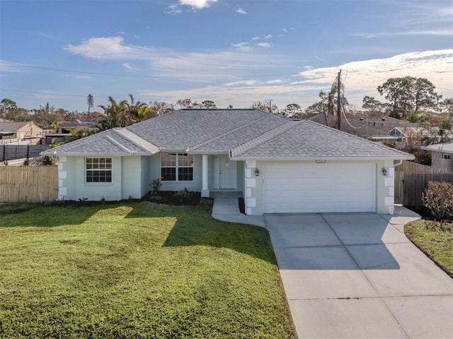 single story home with a front yard and a garage