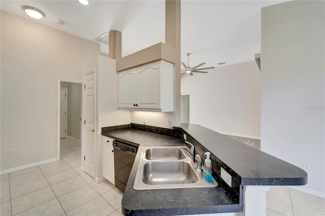 kitchen featuring kitchen peninsula, ceiling fan, sink, black dishwasher, and white cabinetry