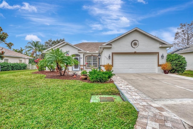 ranch-style home featuring a garage and a front lawn