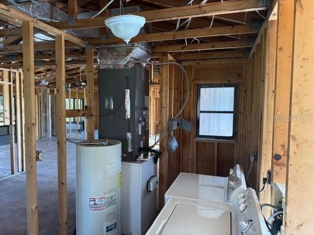 utilities with water heater, heating unit, and washer and clothes dryer