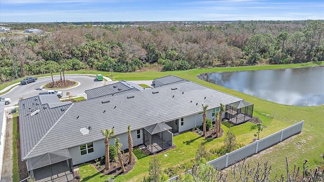 drone / aerial view with a water view