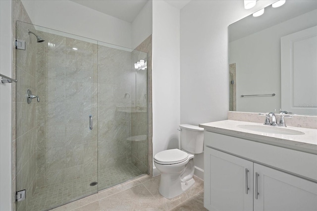 bathroom with toilet, tile patterned flooring, vanity, and a shower with door