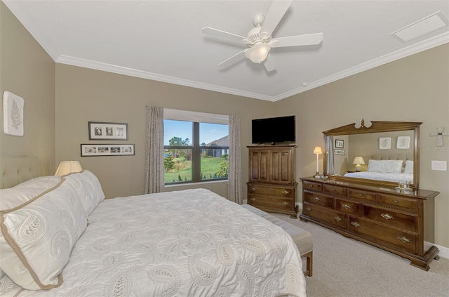 bedroom with light carpet, ornamental molding, and ceiling fan