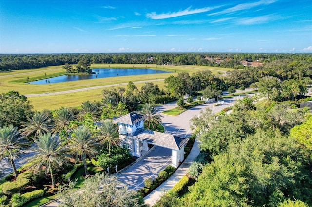 drone / aerial view with a water view