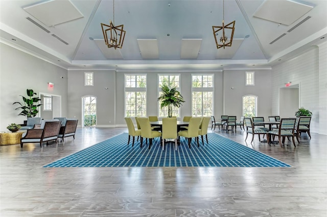 dining area with high vaulted ceiling and a tray ceiling