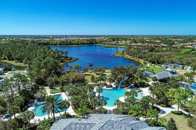 birds eye view of property with a water view