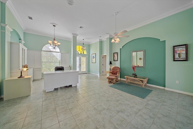 kitchen featuring ornamental molding, french doors, white cabinets, and ceiling fan with notable chandelier