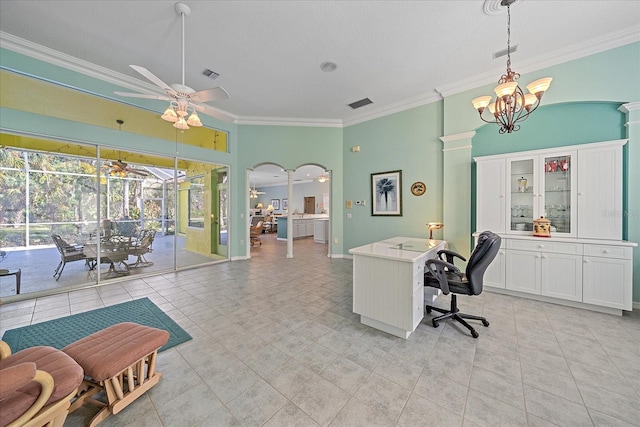 tiled office space featuring crown molding, a high ceiling, and ceiling fan with notable chandelier