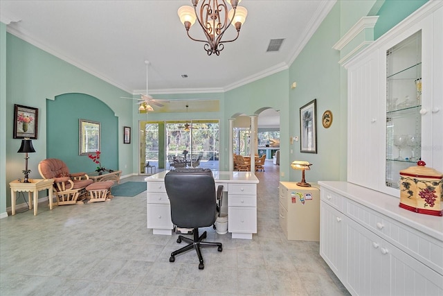 office area with crown molding, light tile patterned flooring, and ceiling fan with notable chandelier