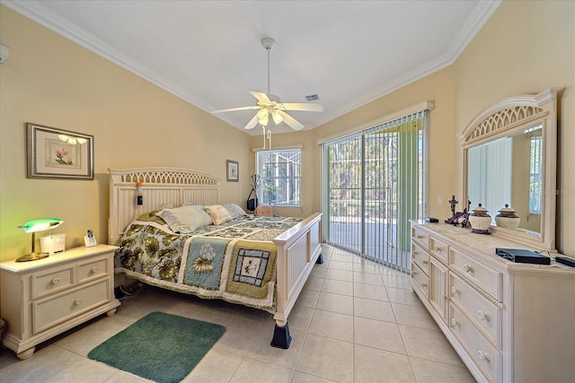 bedroom with ceiling fan, crown molding, light tile patterned floors, and access to exterior