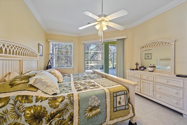 bedroom featuring crown molding, access to exterior, light tile patterned floors, and ceiling fan