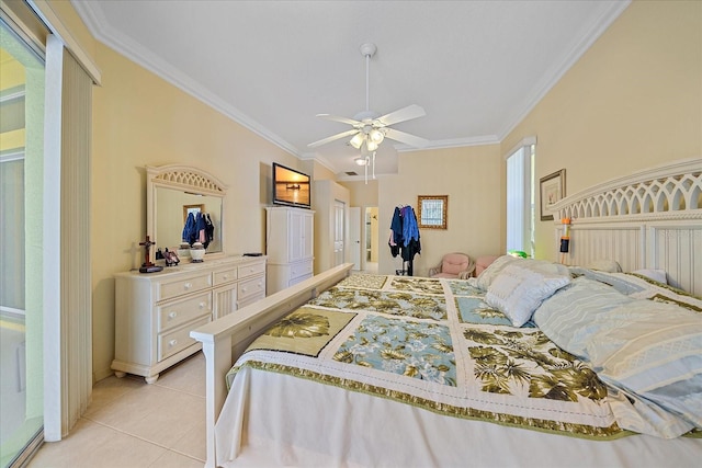 bedroom featuring access to outside, ornamental molding, light tile patterned floors, and ceiling fan