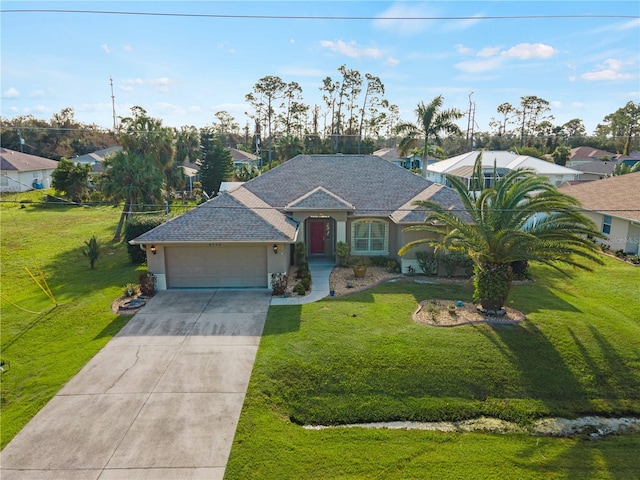 single story home featuring a front yard and a garage