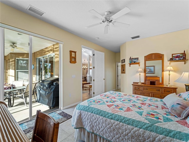 tiled bedroom featuring access to outside and ceiling fan