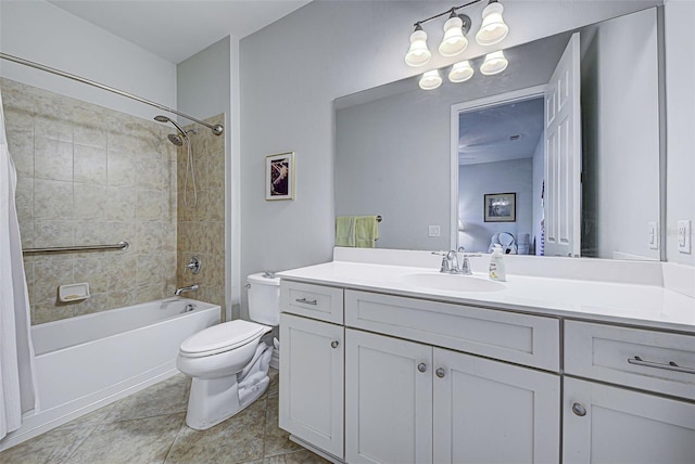 full bathroom with vanity, toilet, shower / bath combo with shower curtain, and tile patterned flooring