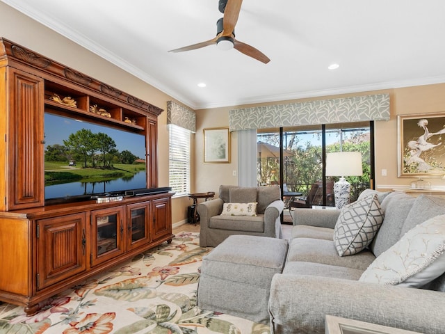 living room featuring crown molding, a wealth of natural light, and ceiling fan