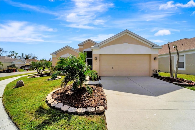 single story home featuring a garage and a front lawn