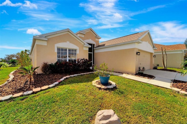 single story home with a garage and a front yard