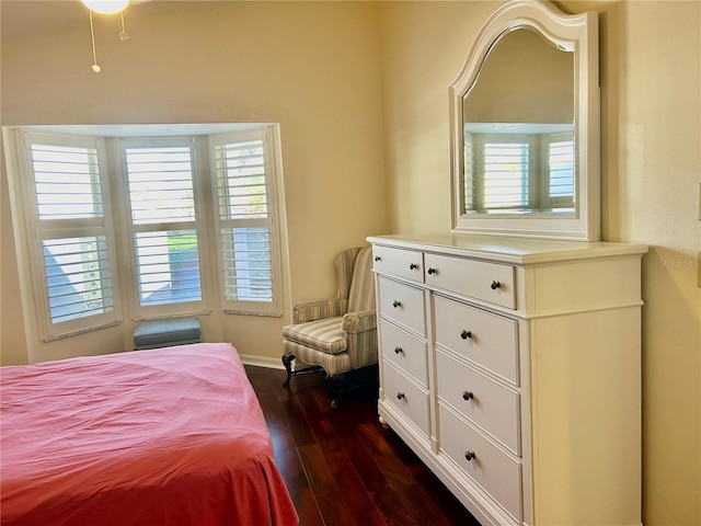 bedroom featuring multiple windows and dark hardwood / wood-style flooring