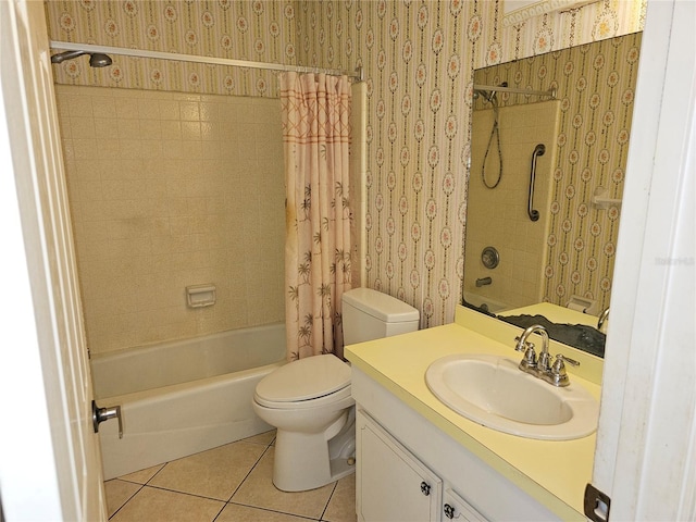 full bathroom with toilet, vanity, shower / bath combination with curtain, and tile patterned floors