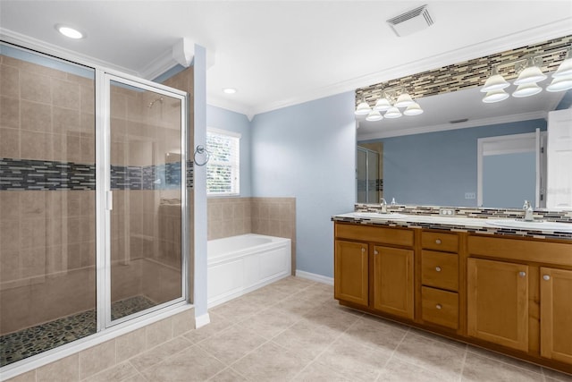 bathroom with vanity, plus walk in shower, ornamental molding, and tile patterned flooring