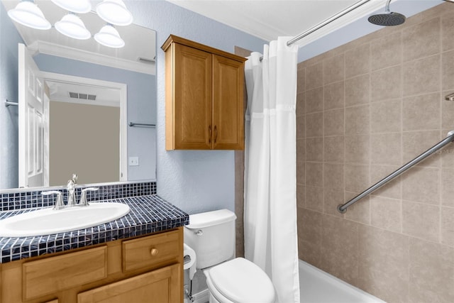 full bathroom featuring vanity, toilet, crown molding, and shower / bathtub combination with curtain