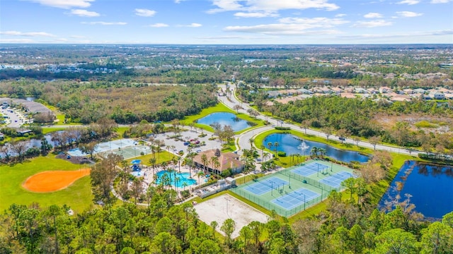 drone / aerial view with a water view