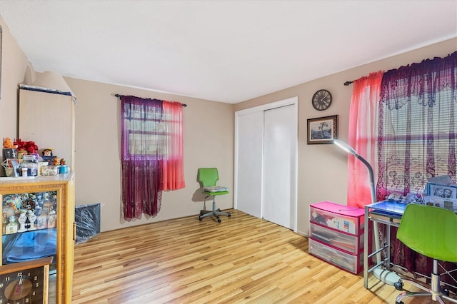 home office with light hardwood / wood-style flooring and a wealth of natural light