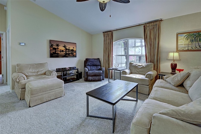 living room with ceiling fan, light colored carpet, and vaulted ceiling