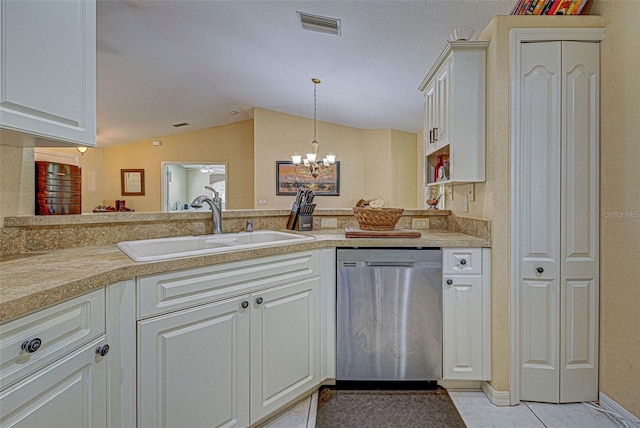 kitchen featuring white cabinetry, a chandelier, vaulted ceiling, dishwasher, and sink