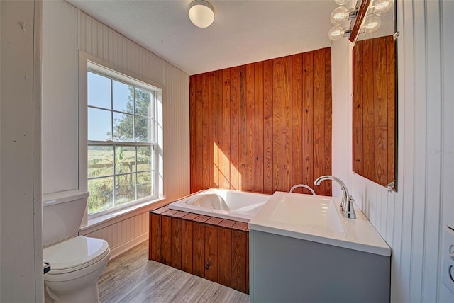 bathroom with vanity, toilet, hardwood / wood-style flooring, and plenty of natural light