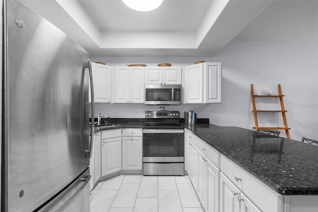 kitchen featuring stainless steel appliances, sink, a raised ceiling, and white cabinets