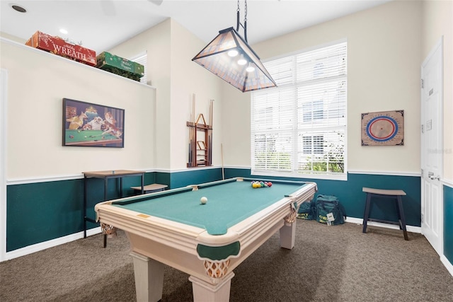 rec room with carpet and billiards