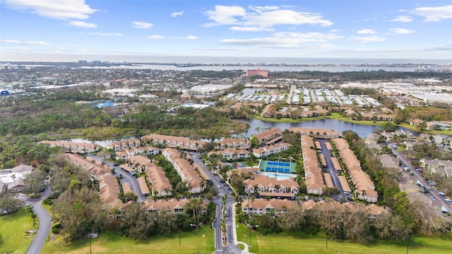 bird's eye view with a water view