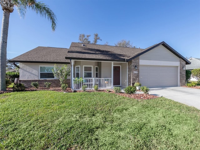 ranch-style house with a porch, a front lawn, and a garage