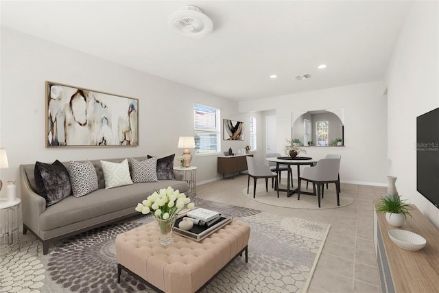 living room featuring light tile patterned floors