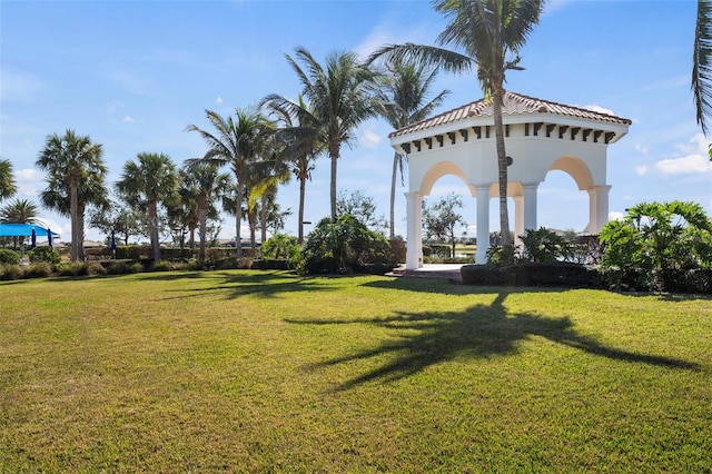 view of community featuring a gazebo and a yard