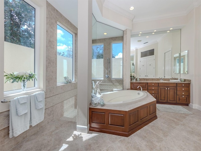 bathroom with vanity, ornamental molding, separate shower and tub, and tile patterned flooring