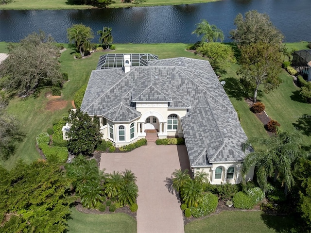 bird's eye view with a water view